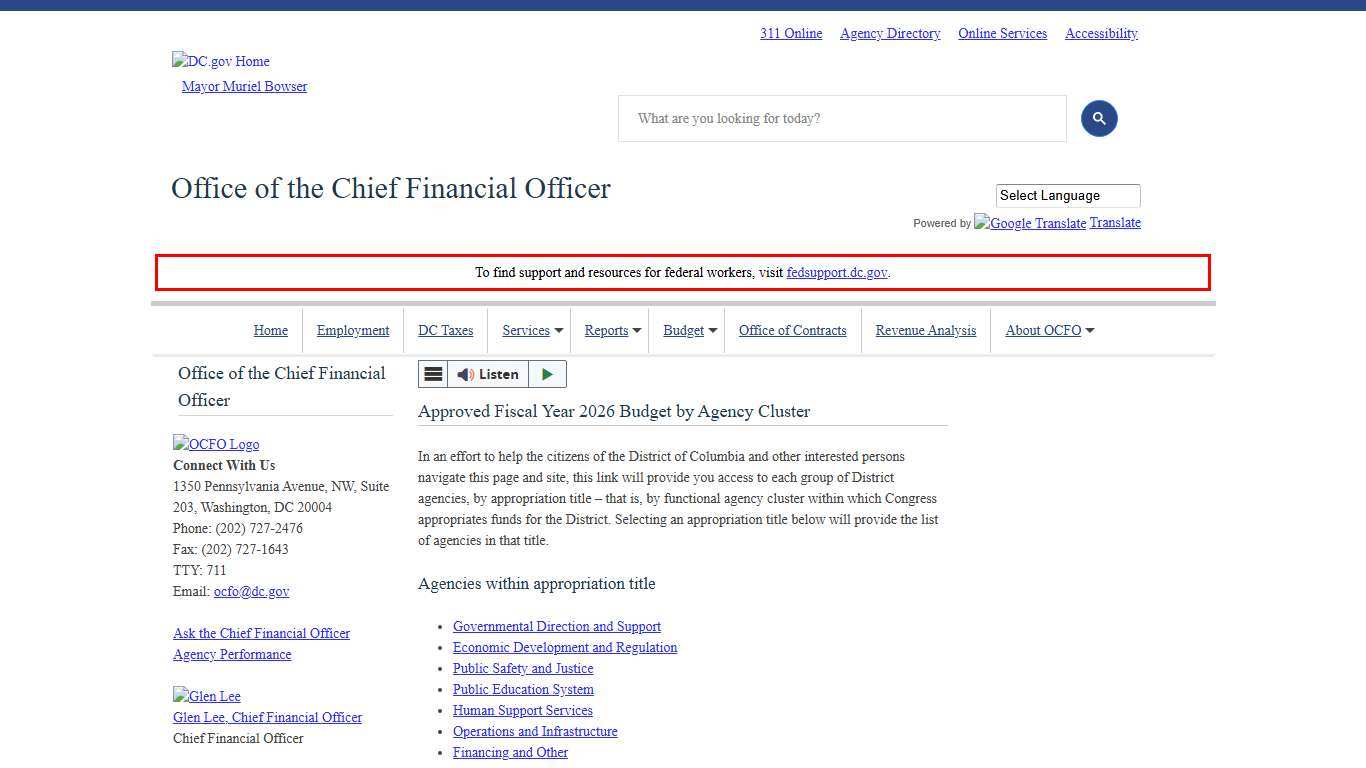 Approved Fiscal Year 2026 Budget by Agency Cluster ocfo