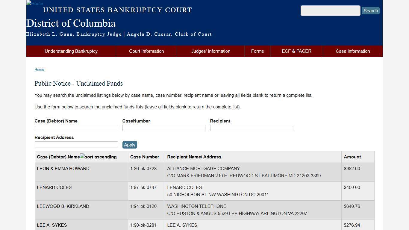 Public Notice - Unclaimed Funds District of Columbia United States Bankruptcy Court